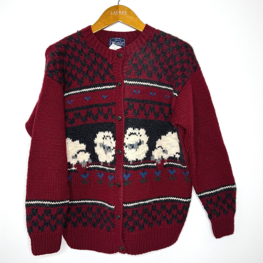 Vintage Woolrich Cardigan Sheep Design Women's Large‎ Red/Gray